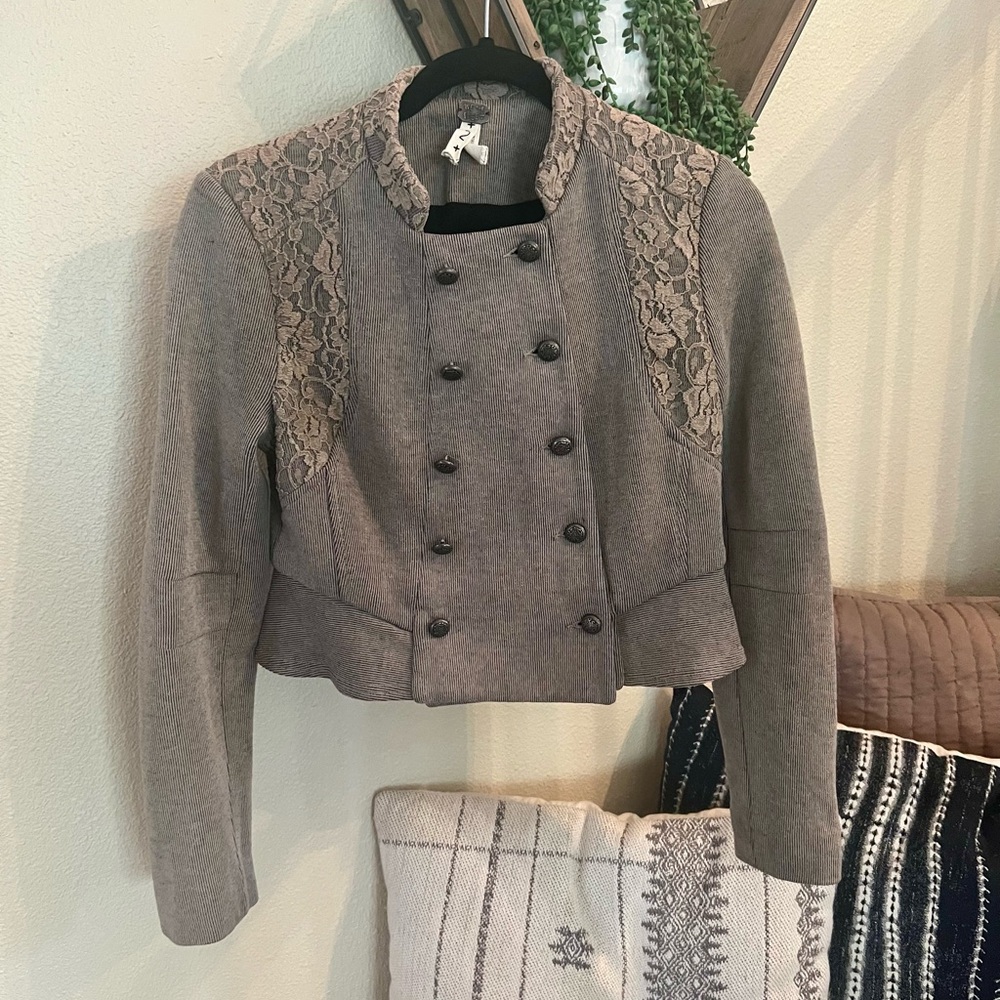 EUC Free People + We The Free Victorian Lace Peplum Military Jacket Size 2